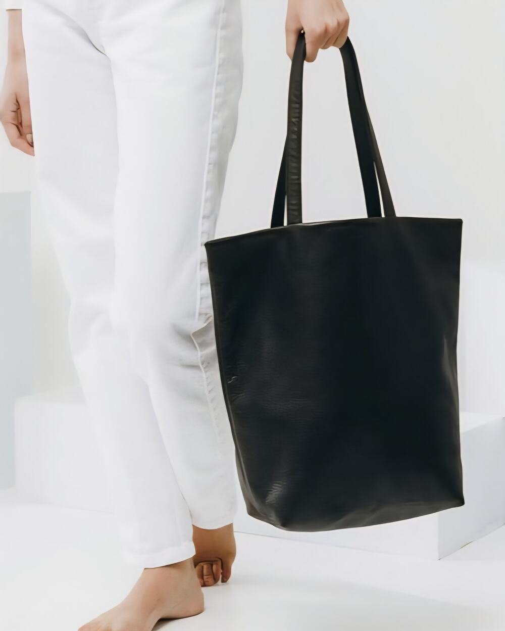 Baggu Basic Black Leather Dual Handle Large Tote Bag Made in USA Discontinued